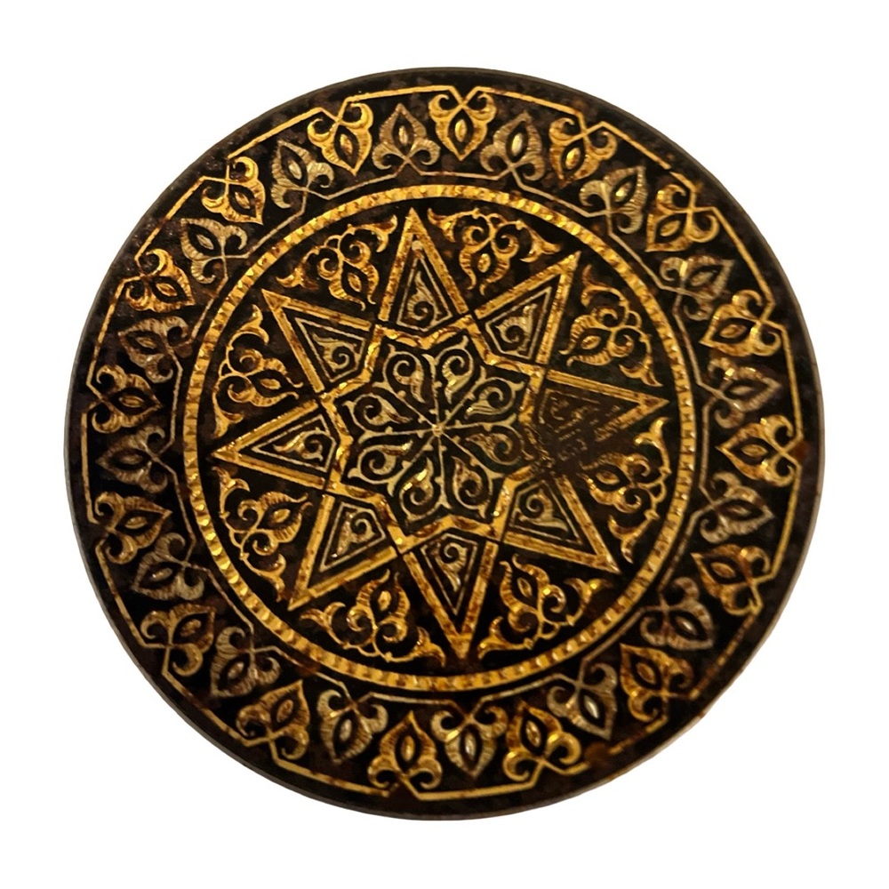 VTG Damascane Miniature Round Decorative Trinket Box - Gold and Black Star Motif